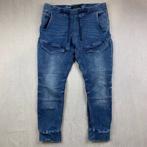 Zara Mens Pants XL Blue Denim Cargo Jeans Jogger Fit Drawstring Tapered Outdoor